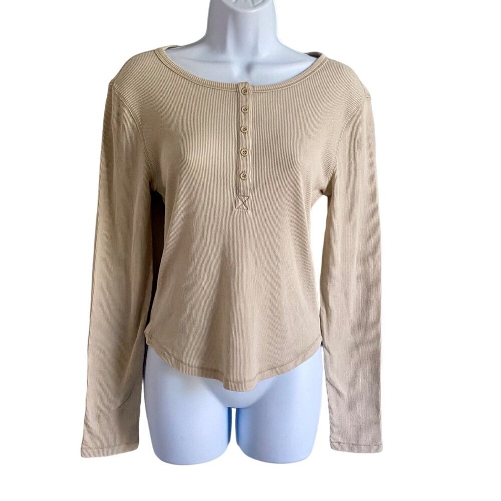 Pink Rose Magic Stone Ribbed Long Sleeve Henley Top Medium NEW NWT
